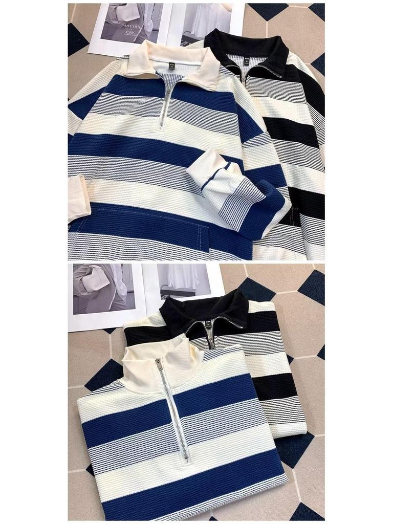 Unisex Retro Gestreifte Oversize Langarmjacke mit halbem Reißverschluss für Herbst & Winter