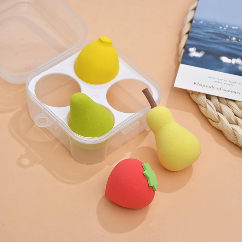 4 Stück/Box Make-up-Schwamm-Set Niedliche Frucht-Kosmetikschwämme für Foundation, Concealer, Puder, Gesichts-Make-up-Mixer, Schönheitswerkzeuge, Birne
