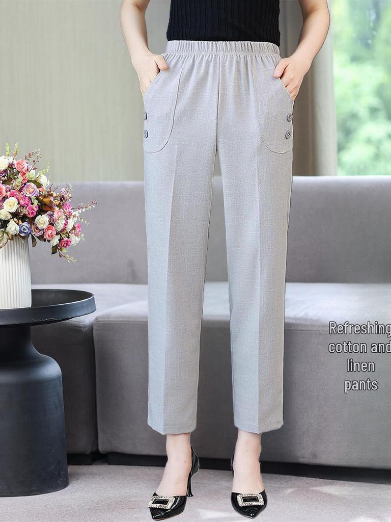 Women's High-Waist Cotton-Linen Summer Pants: Stylish, Elastic, Straight Fit for Middle-Aged and Elderly