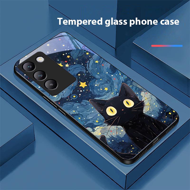 Niedliche kleine Katze für Y72 33S 11 03 36 96 Lite 35 16 Iqoo 12 V40 SE 5G 29 40 21 30 X80 Pro Vivo Handyhülle aus gehärtetem Glas Schwarz