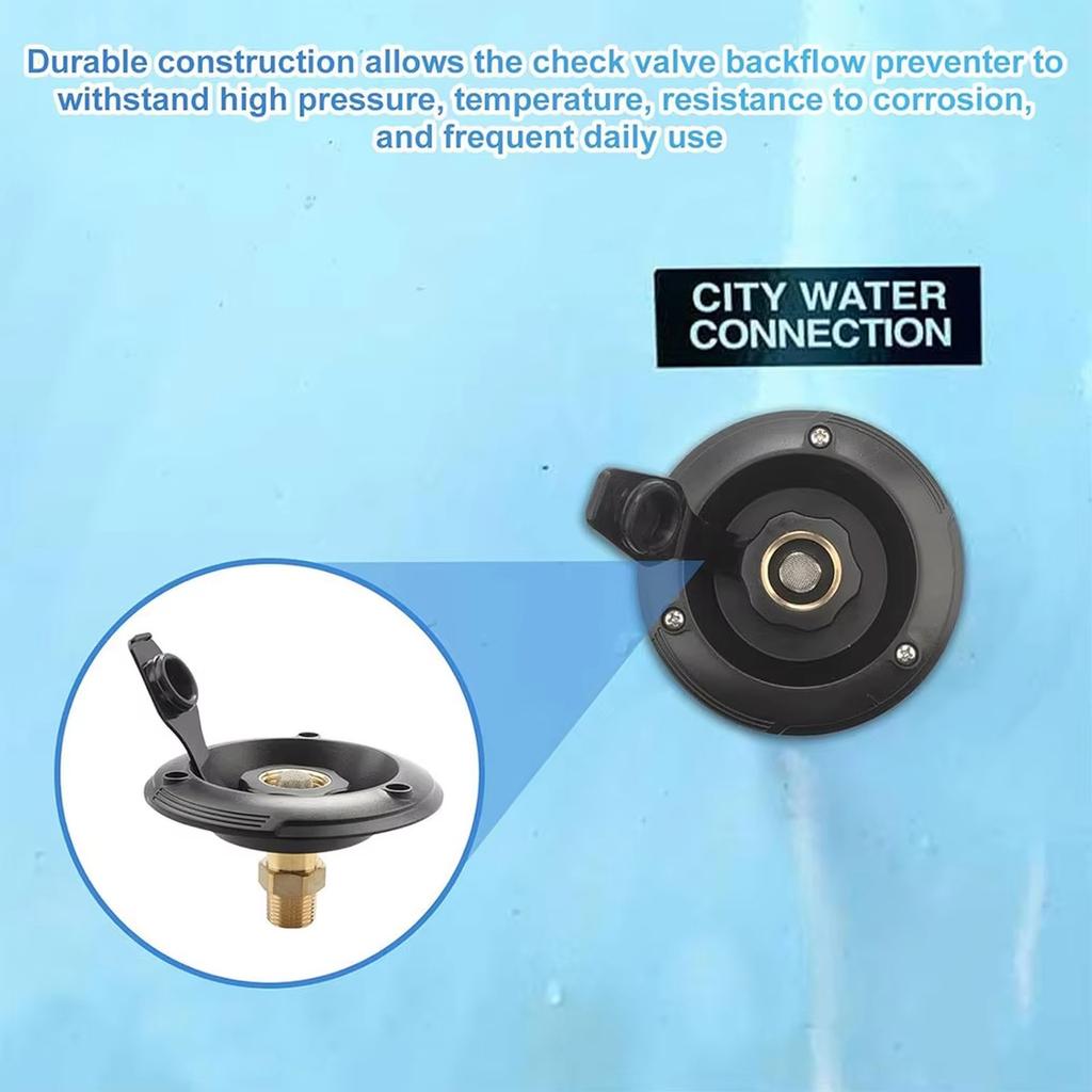 Large RV Marine Flange Threaded Water Inlet Connector with Brass Check Valve and Filter for Leak Prevention and Secure Water Flow Connection