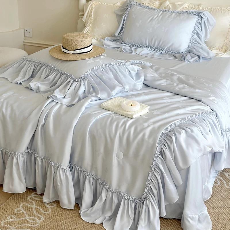 4dílná luxusní francouzská sada přikrývky na dvoulůžko, hedvábné jarní přikrývky, lyocellová ložní souprava, dekorace pokoje, letní přikrývka, chladivá deka