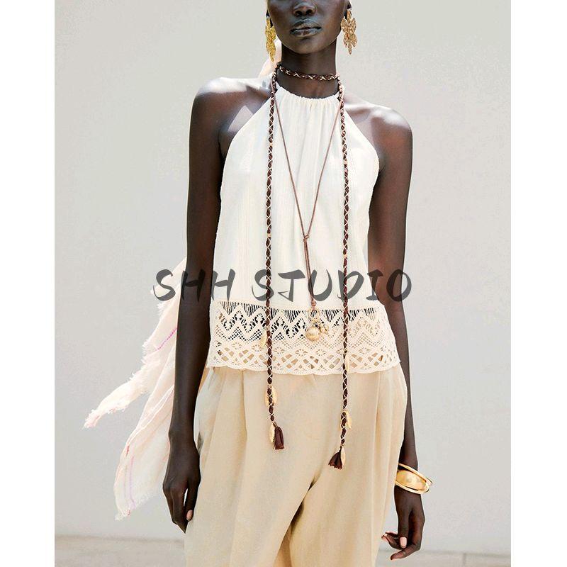 Vacation Style Back Slit Tops 3564123 Linen Blend Pleated Wide Leg Casual Trousers 3479848