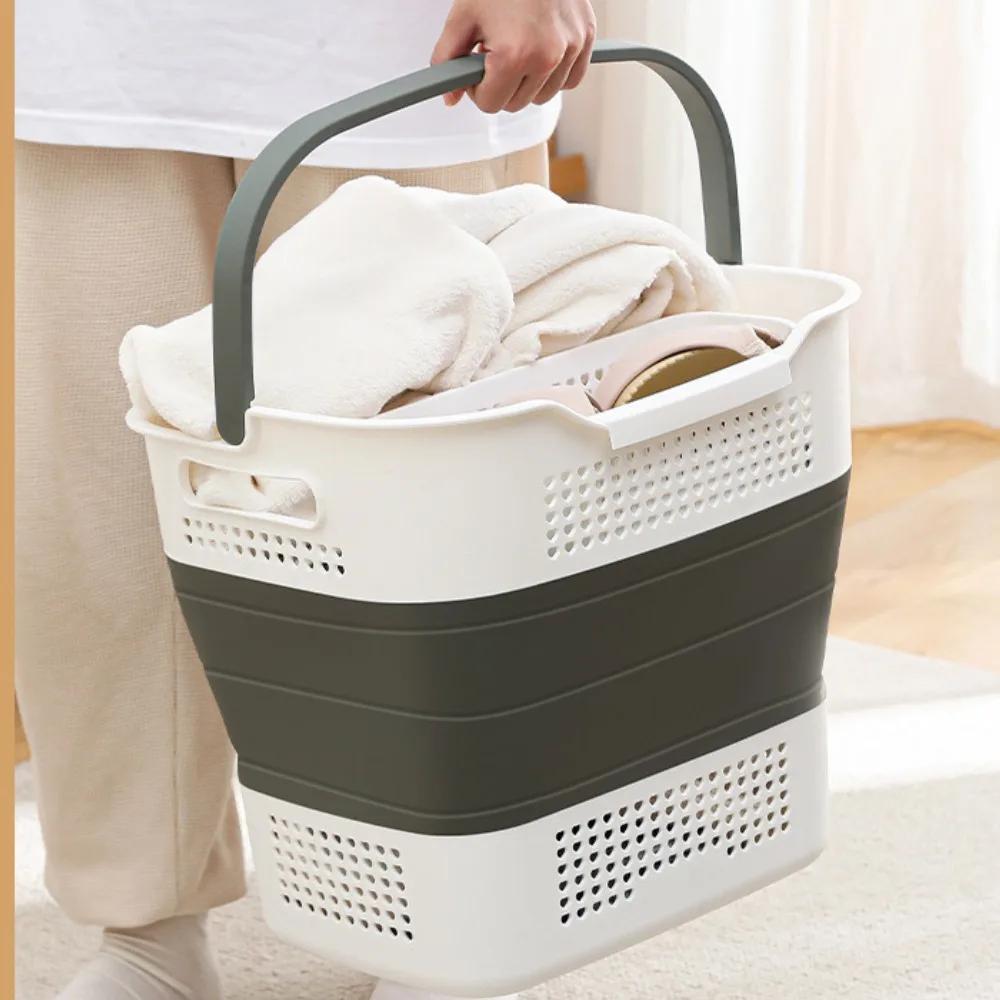Folding Dirty Clothes Basket Plastic Material Clothing Basket Hollow Out Laundry Box with A Handle High-capacity Clothes Baskets