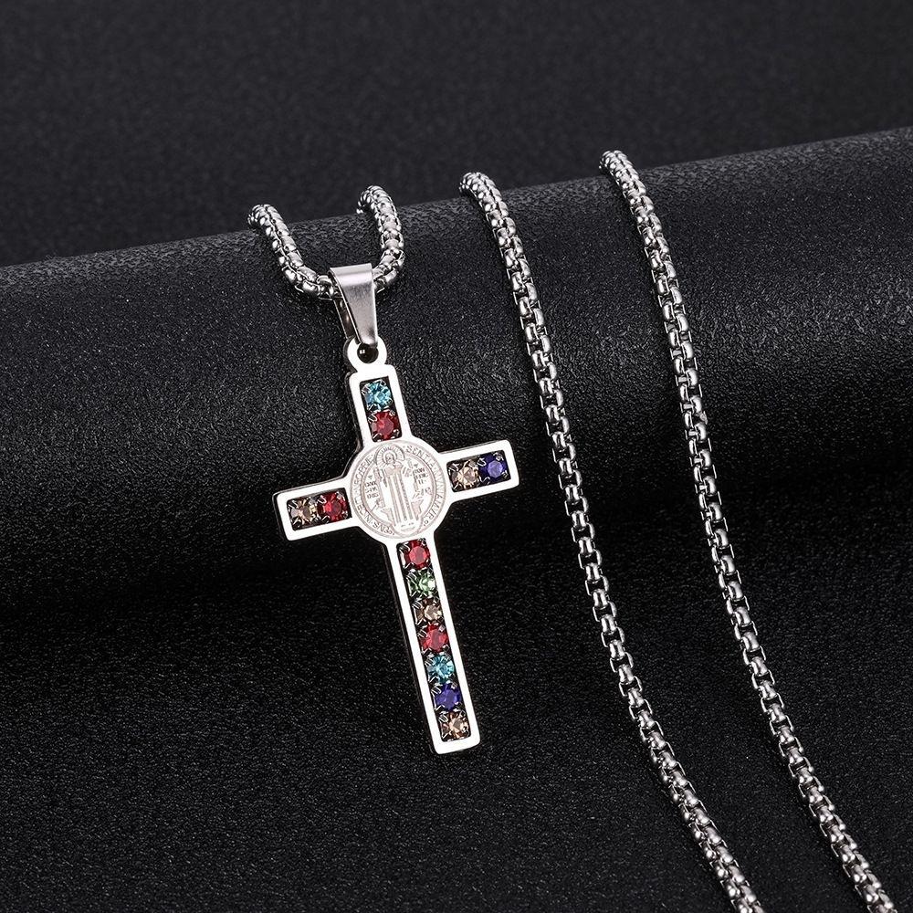 European and American retro St. Benedict colored diamond cross pendant necklace couple personality trend fashion versatile necklace