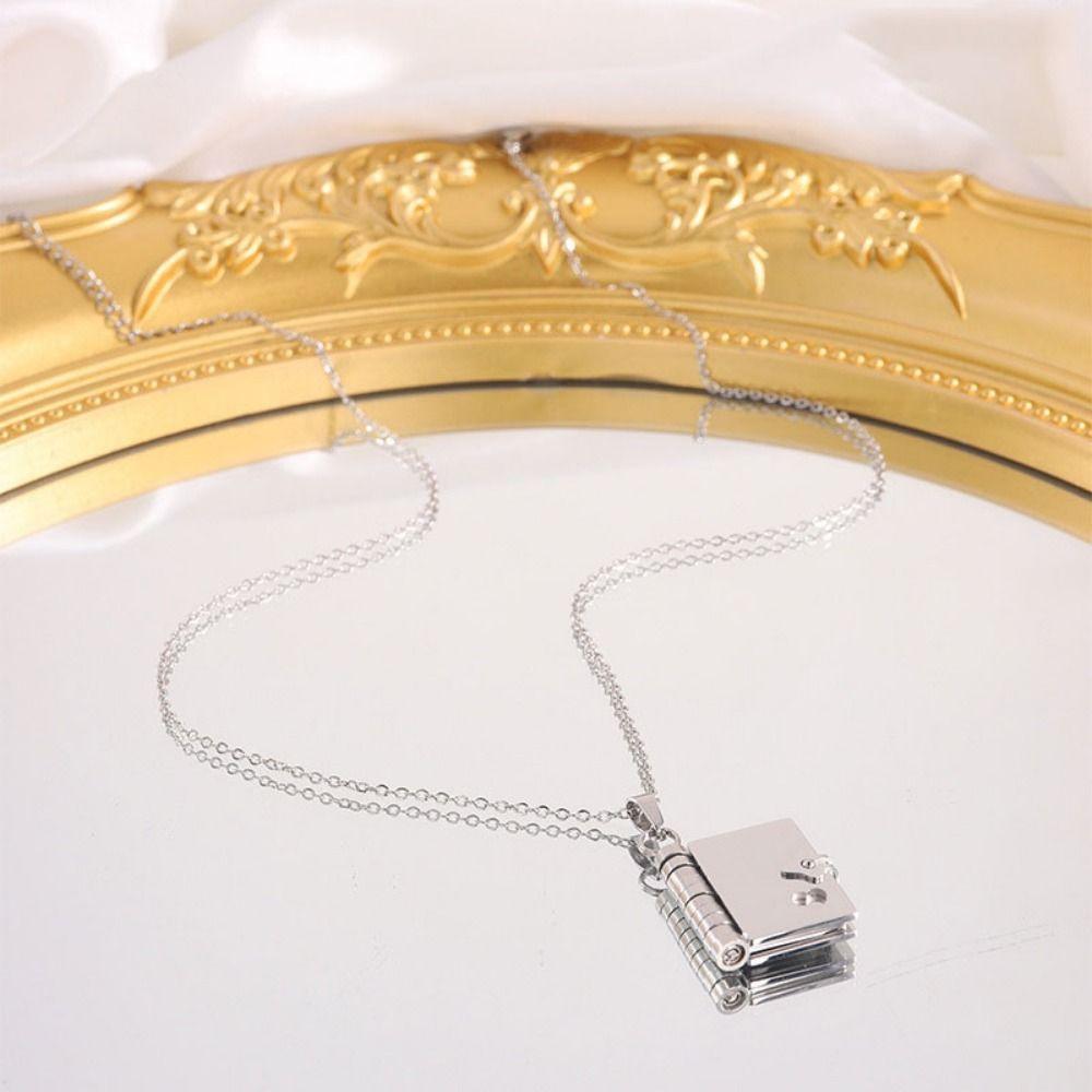 Metal Book Pendant Necklace Openable Lovers Choker Necklace Fashion Women's Sweater Chain  Girls