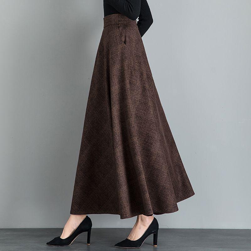 Otoño e InviernoNovedadfalda EleganteLargaCintura Altaforma AfaldaDobladillo AmplioFalda Larga para Mujer Heattech
