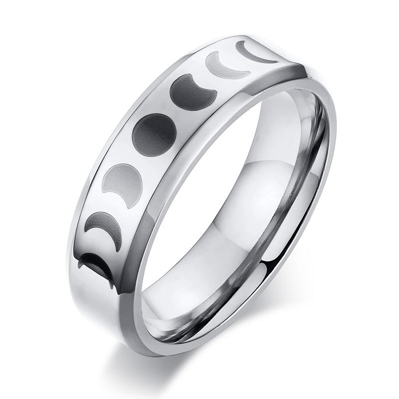 Stainless Steel Moon Phase Ring Black Crescent Moon Wiccan Ring Triple Goddess For Women Men 6mm Jewelry