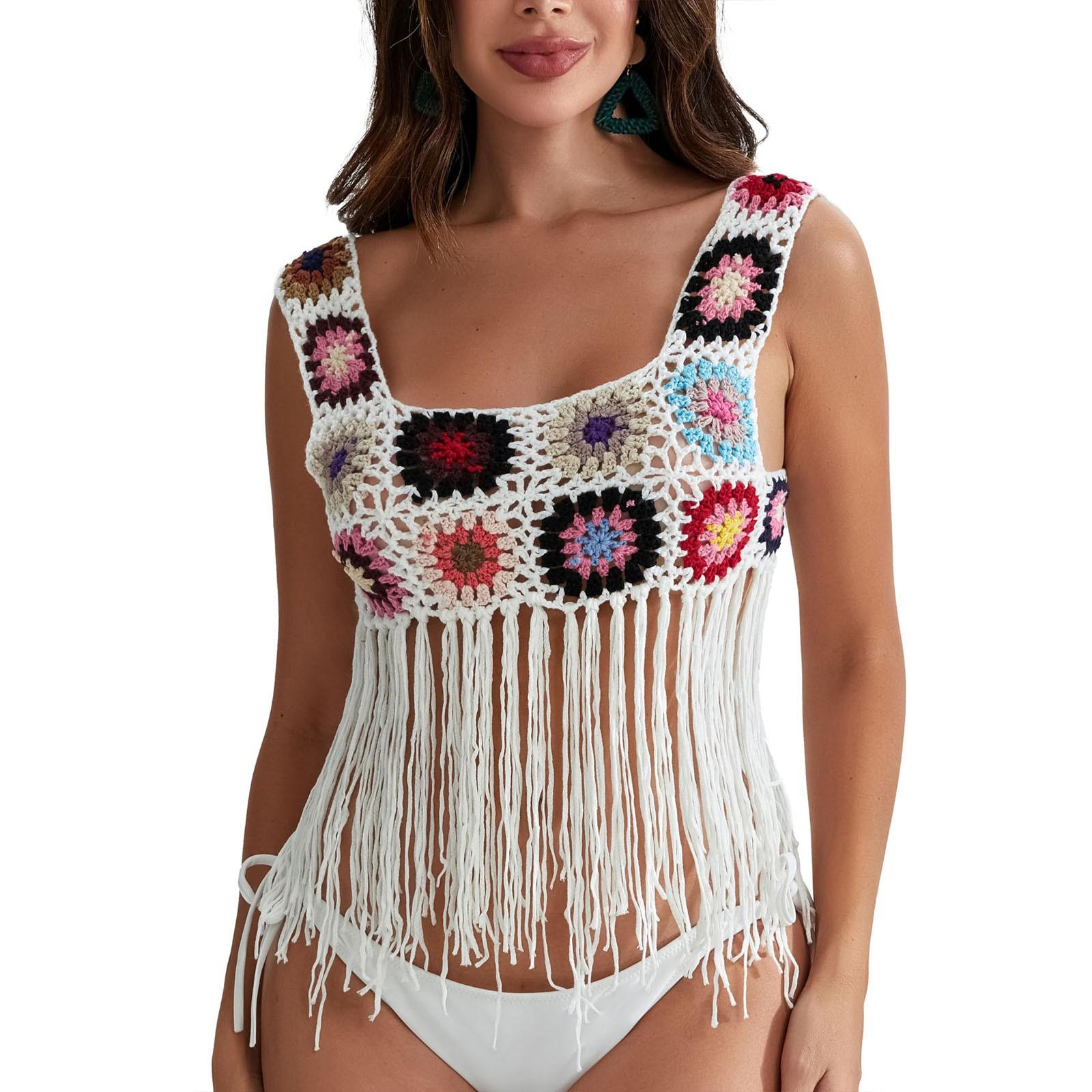 

Женская вязаная крючком майка с кисточками, накидки, вязаная красочная цветочная вышивка, летняя пляжная одежда в стиле бохо с вырезами One Size белый