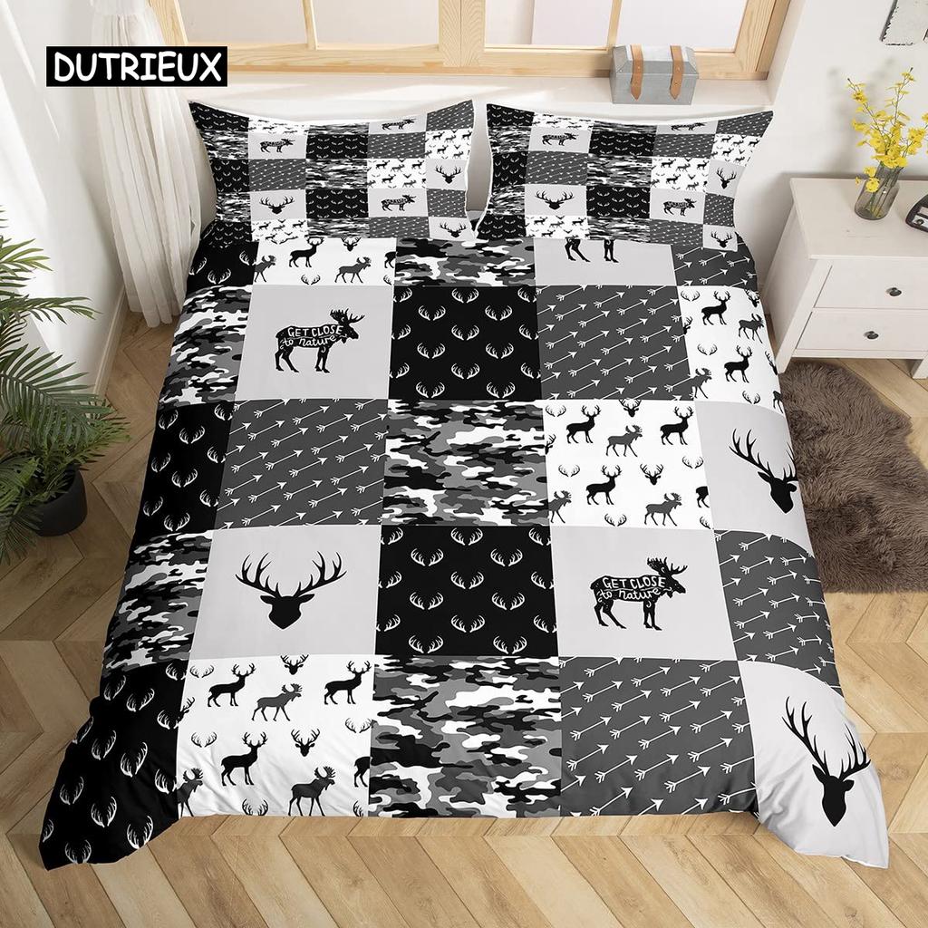 Camo Deer Duvet Cover Set Antlers Arrow Pattern Bedding Set Stripes Gird Camouflage Comforter Cover Microfiber King Quilt Cover