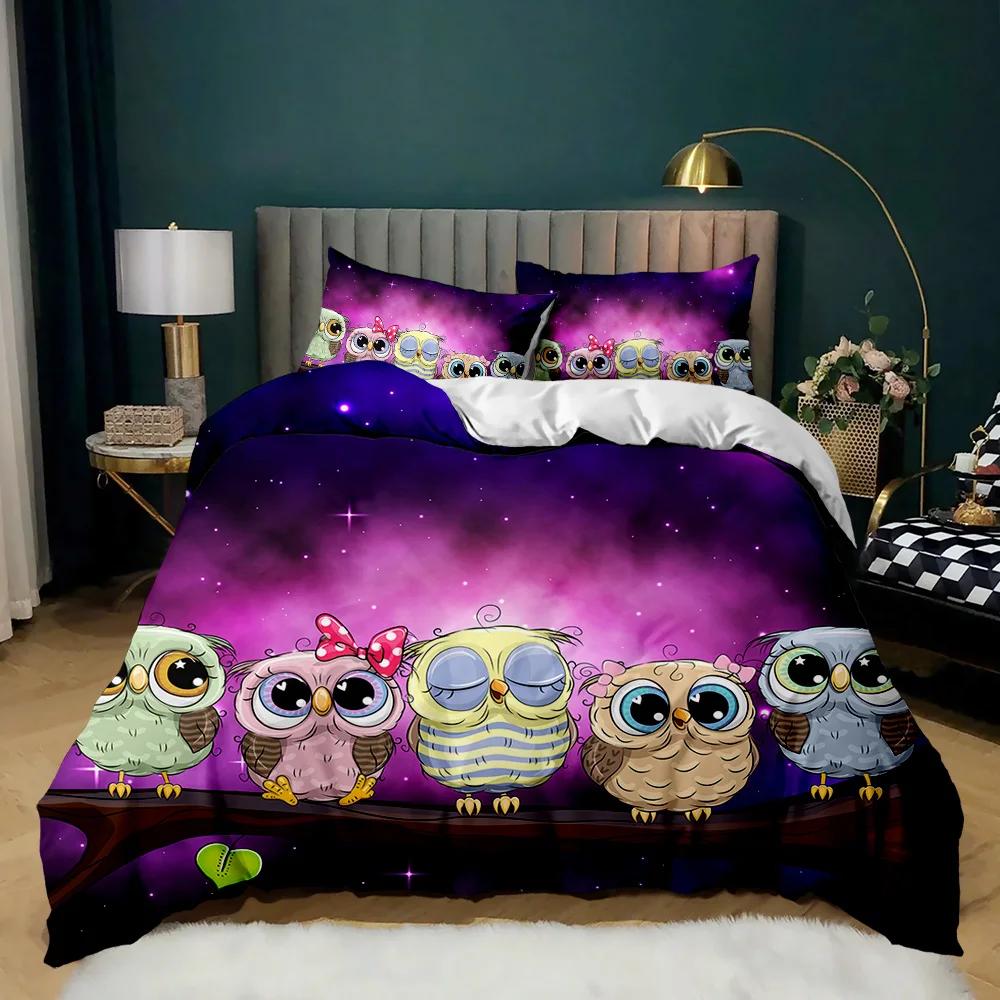 Owl Duvet Cover Set Cute Owl And Stars Decor Comforter Cover Outer Space Bedding Set Kids Cute Animal Polyester Qulit Cover