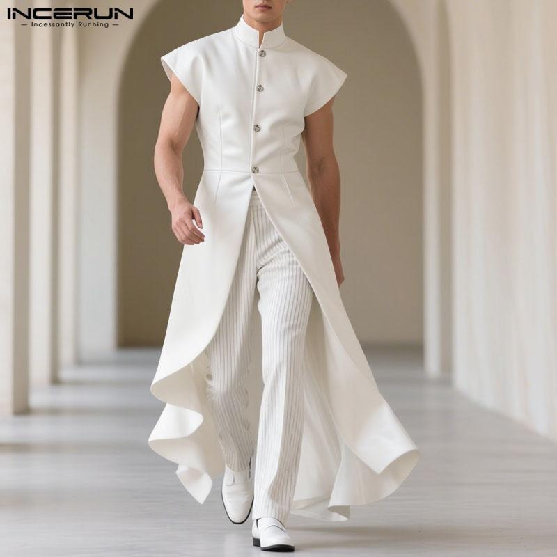 INCERUN Men Stand Neck Sleeveless Splits Irregular Casual Pleated Long Waistcoats