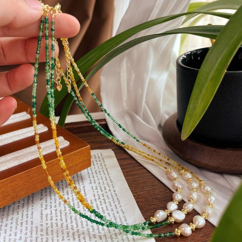 Gold Plated Gradient Green Yellow Tiny Crystal Bead Choker With Baroque Pearl