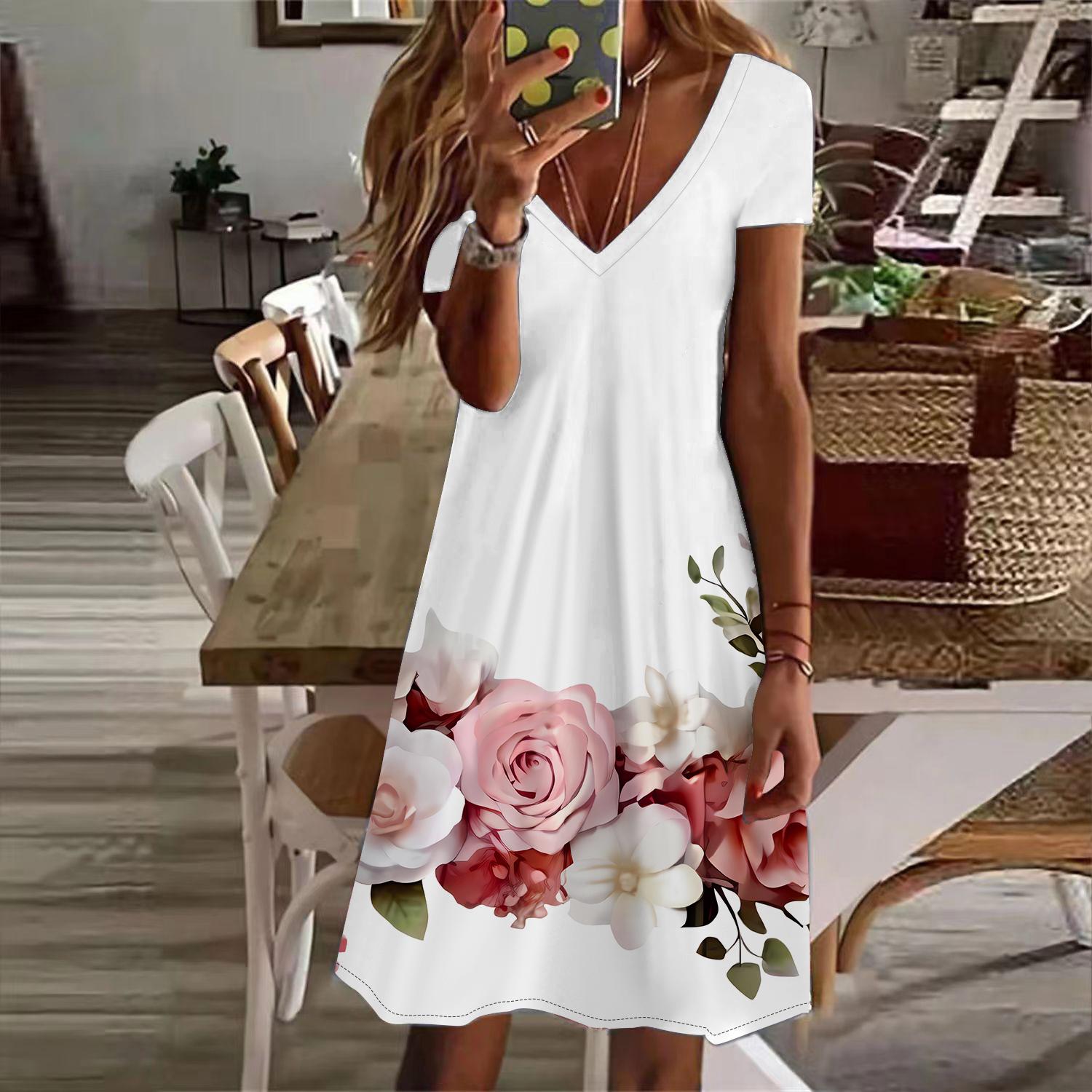 

Летняя мода женские V-образный вырез короткий рукав цветочный принт платье сексуальные короткие юбки платья 8XL розовый