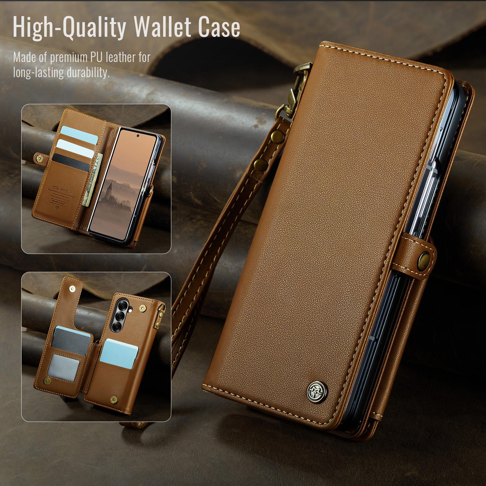 

Premium Leather Case for Samsung Galaxy Z Fold 7 Fold6 Lanyard Card Holder Wallet RFID Blocking Protection Anti-drop Phone Cover Galaxy Z Fold6 темно-коричневого кольору