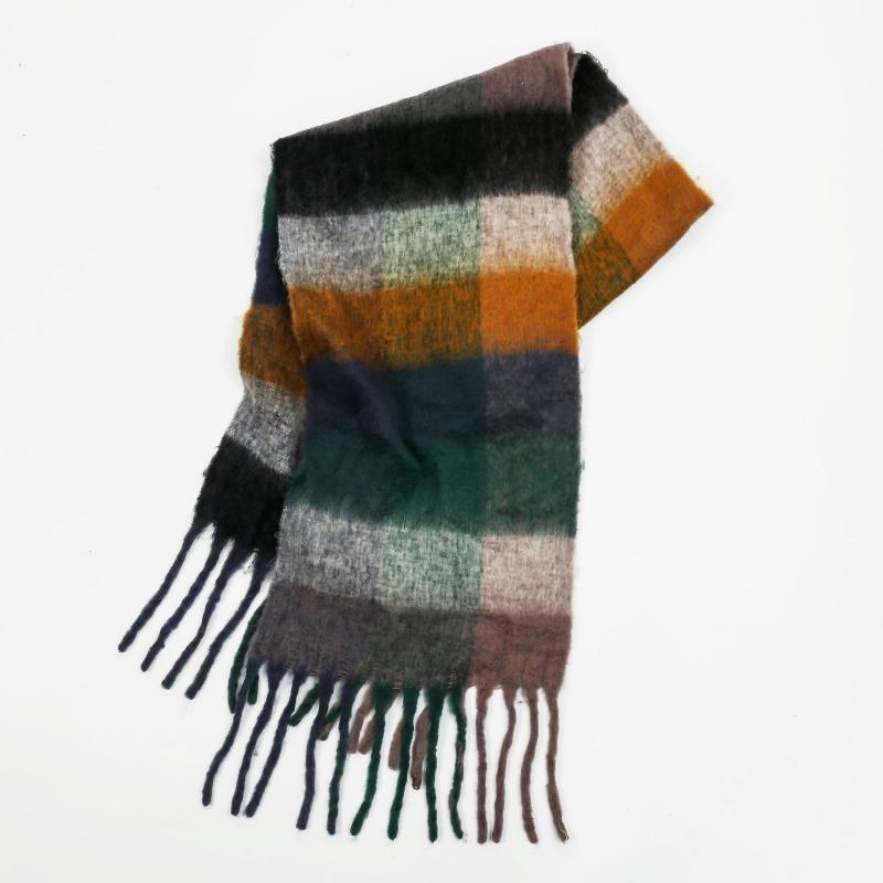 High-end color matching mohair scarf women's autumn and winter warmth thickened versatile plaid tassel