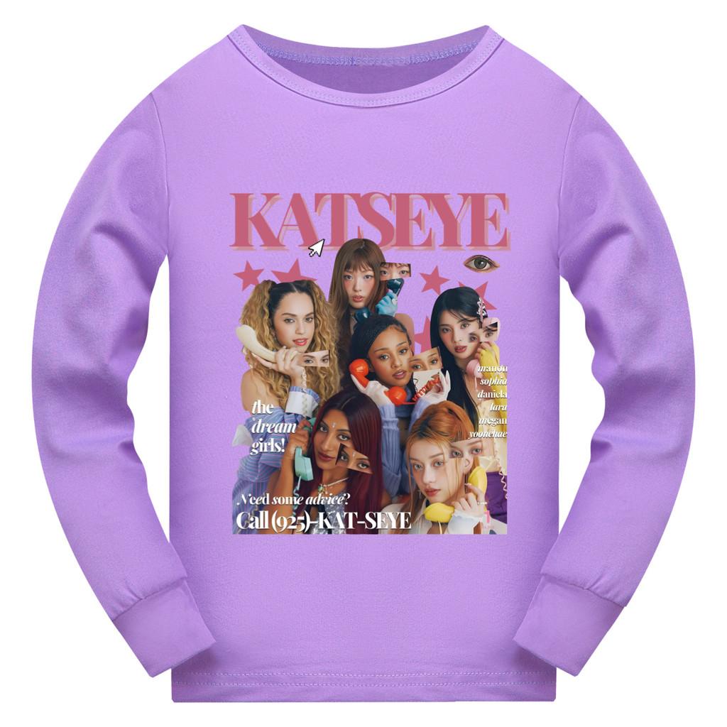 

5303 Дитяча футболка для дівчат KATSEYE з принтом, довгий рукав, звичайний крій 110cm фіолетовий