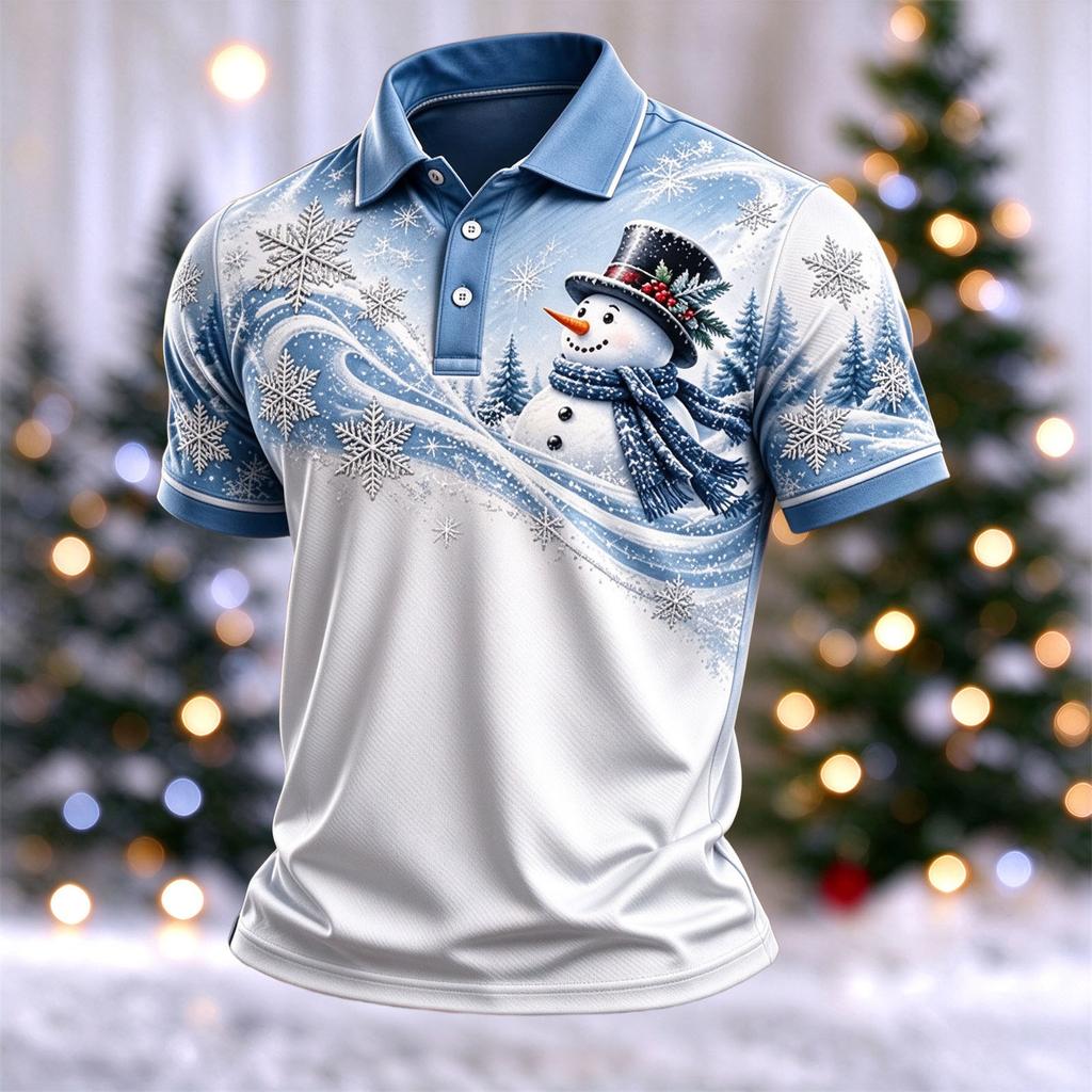 Men's Casual Short Sleeve Shirt with Christmas Print and Letter Graphic