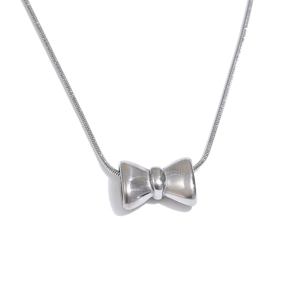Yhpup Stainless Steel Cast Fashion Bow Knot Pendant Crossover Chain High Quality Textured Necklace Waterproof Trendy Jewelry