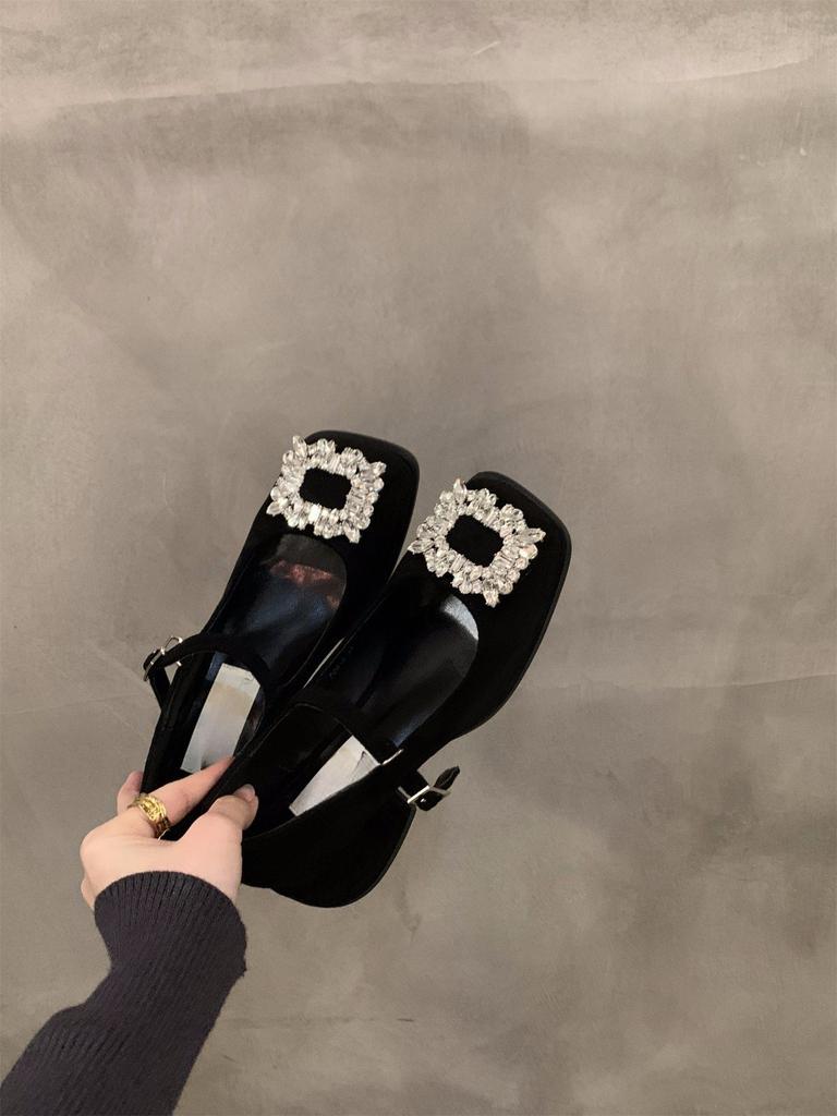 Thick Heel High Heels Retro Square Head Rhinestone Mary Jane Small Leather Shoes Women's Shoes Spring Autumn Winter Black Single Shoes