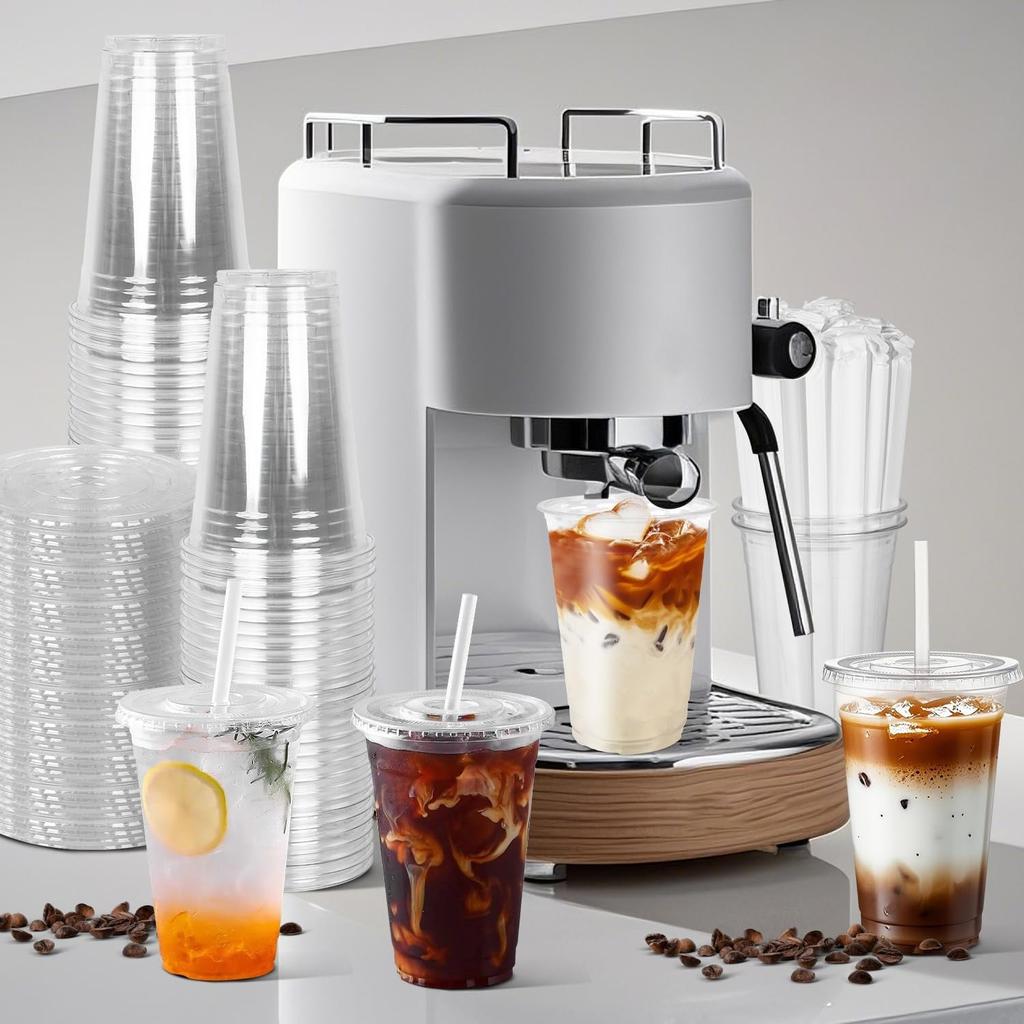 Charmount 100 Sets- 20 Oz Clear Plastic Cups with Lids and Straws, Disposable To Go Cups for Cold Drinks, Coffee Bar Accessories, Iced Coffee