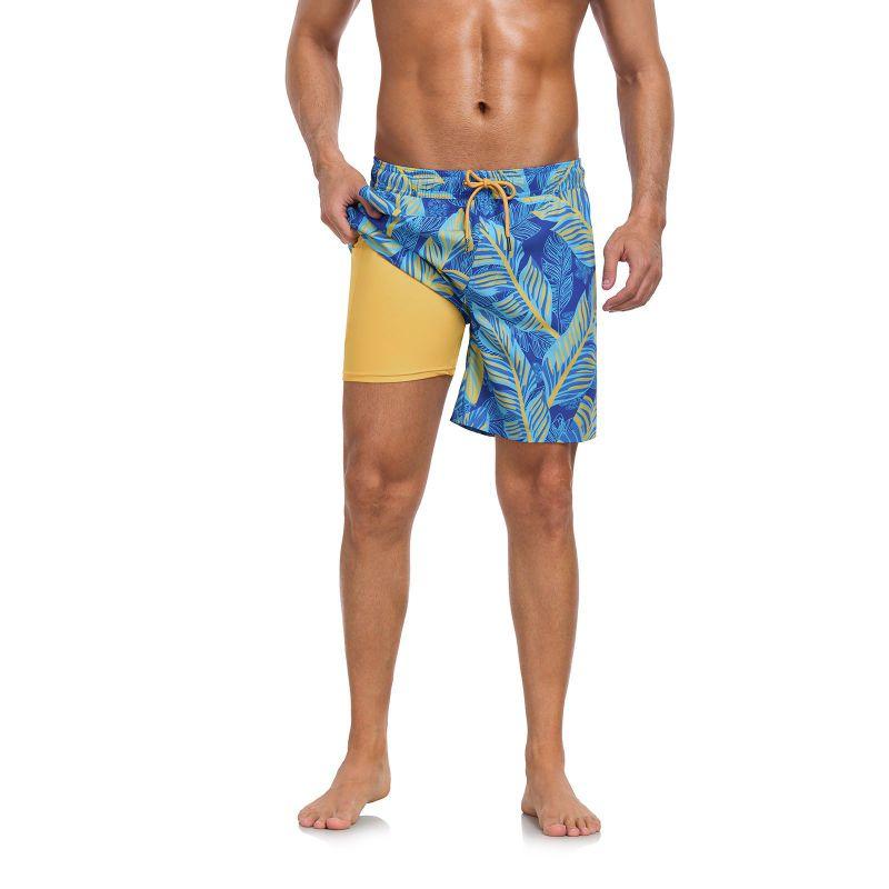 Men's Double-Layer Printed Beach Shorts Drawstring Swim Trunks