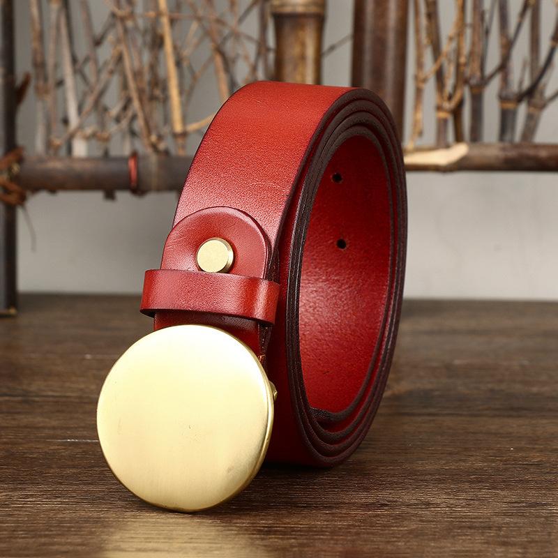 First Layer Cowhide Belt Men's Leather Smooth Round Buckle Belt Men's Korean Style Retro Easy Matching Buckle Fashion