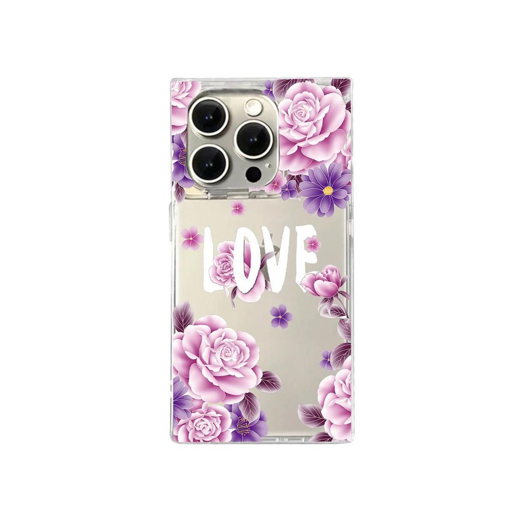 Transparente quadratische Rückseite Röhrenhülle Schutz für iPhone 13 12 11 14 Pro Max 15 Plus 16 ProMax Anti-Sauerstoff, Rosa Rosen Muster Hülle