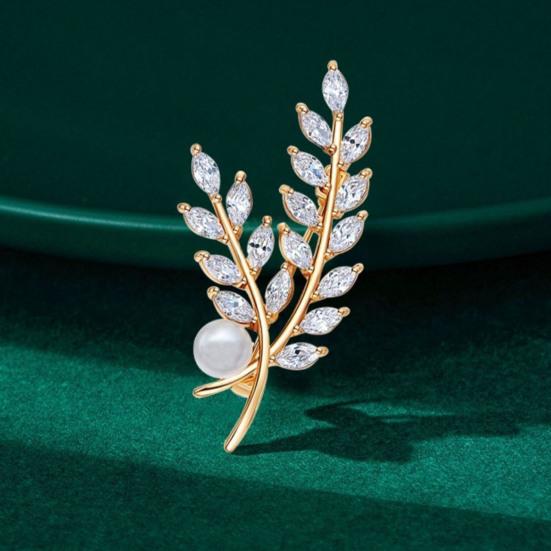 Women Brooch High-Gloss Rhinestone Inlay Sparkling Faux Pearl Wheat Design Lapel Pin Non-Slip Buckle Scarf Badge Clothing Bags Accessories