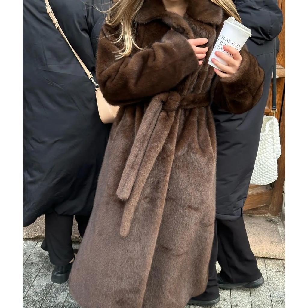 Luxury New Women’s  Artificial Faux Mink Fur Longline Belted Thick Warm Winter Coat