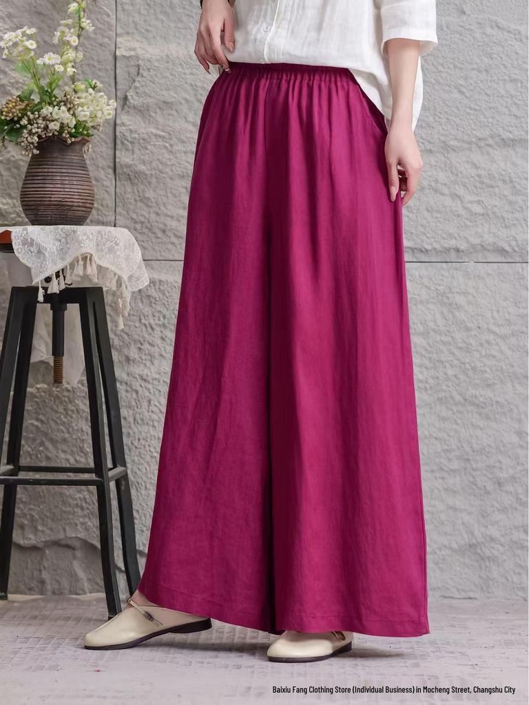 Women's 2026 Summer Linen Wide-Leg Pants: Solid Color, Loose Fit, Large Size, Casual Fashion