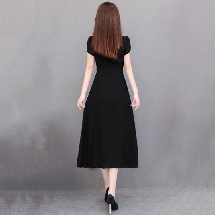 Plus Size Summer Lady Dress Slim Fit A-line Midi Dress Round Neck Short Sleeves Slim Waist Pure Color Mid-calf Length OL Commute