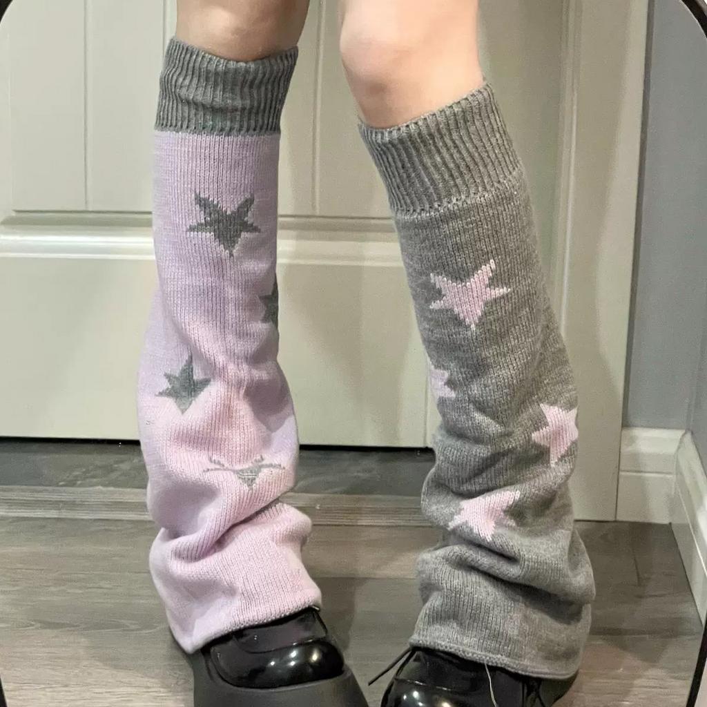 Reversible Star Print Sock Leg Warmers Japanese JK White Y2K Stacked Socks Lolita Knit Leggings Hot Girl Style