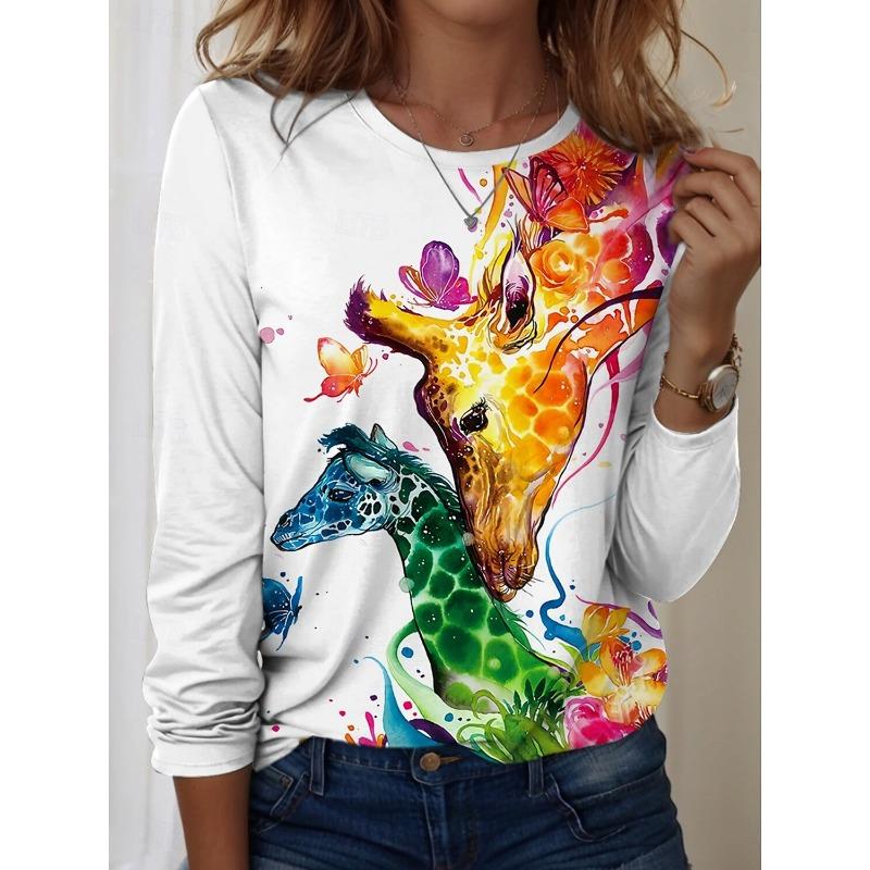 Damen T-Shirts Grafisch Tier Giraffe T-Shirts Mode Stilvoll Langarm T-Shirts Rundhals Normale Oberteile Sommer