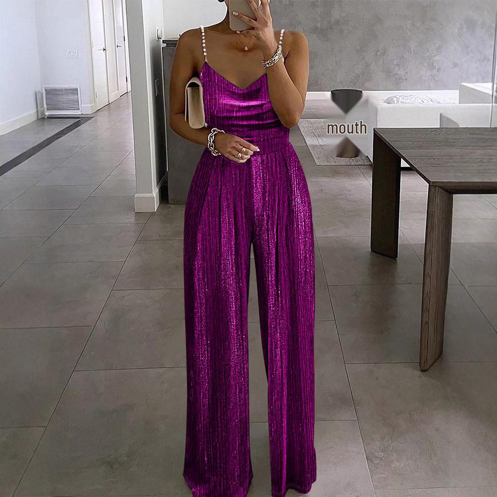 Macacão Elegante Feminino 2025 Primavera/Verão com Alças Finas de Miçangas, Cintura Marcada e Calças Pantalona