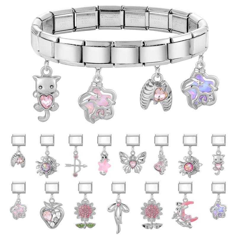 2026 New Creative DIY Dreamy Shiny Sunflower Cat Heart Bow Star Cherry Moon Pendent Charm Fit 9MM Stainless Steel Bracelet Gift