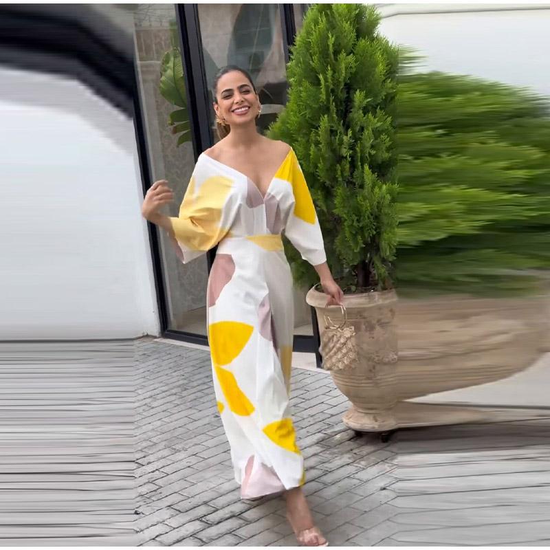 Mode V-ausschnitt Gedruckt Taille-schließen Kleid Frauen Frühling Elegante Schlanke Temperament High-taille Kleider Weibliche Pendler Kleidung