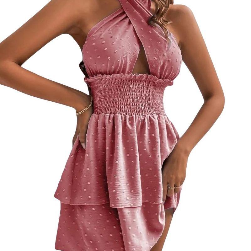 

Beautiful Versatile Elegant European and American Women s Clothing New Chiffon Waist Smocking Halter Lace-up Backless Dress Pink XL