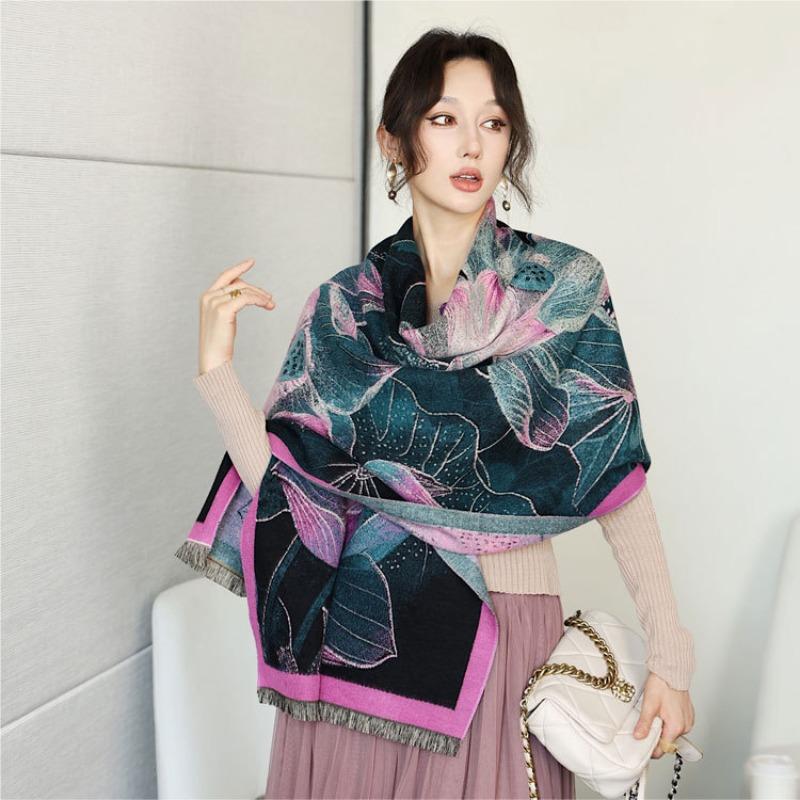 Fresh and Elegant Lotus Oil Painting Scarf Women's Winter Thickened Women's Shawl Double-sided Jacquard Imitation Cashmere Warm Scarf