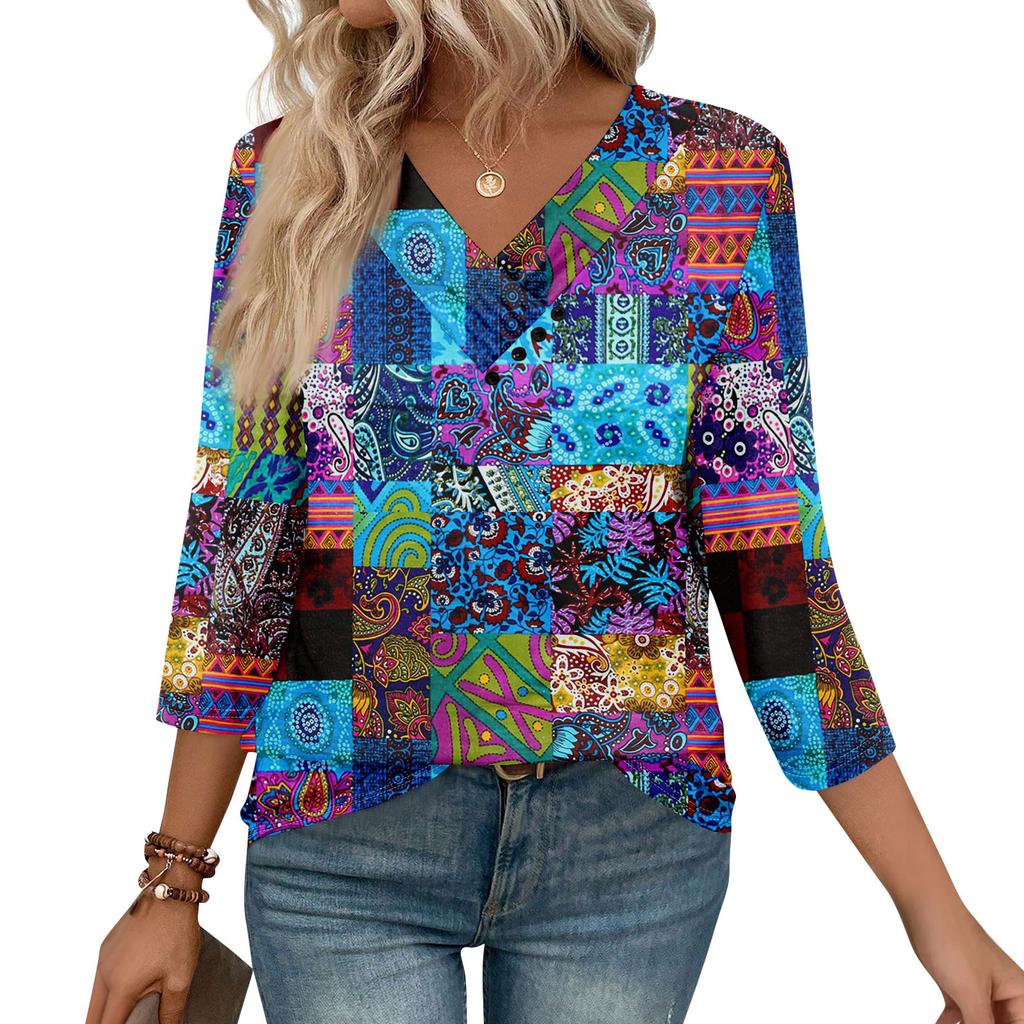 Womens 3/4 Sleeve Daily Weekend V Neck Casual Printed Tshirts Loose Fit Pleated Tees Button Down Shirts