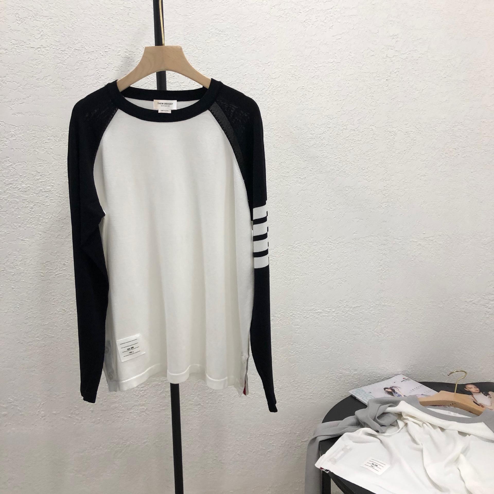 

THOM BRASSY Color Block Long Sleeve Tee 8722: Preppy Style, Ice Silk, Four-Stripe Loose Fit Small