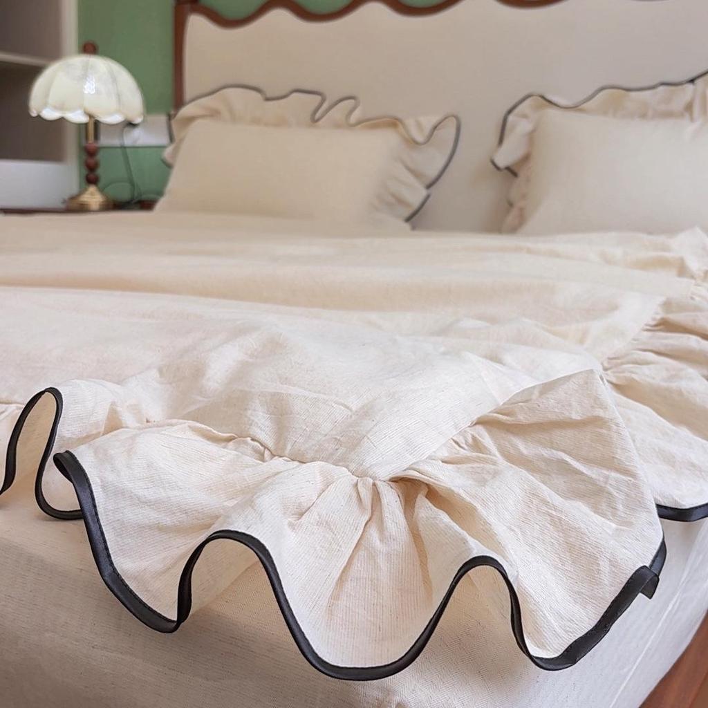 French Large Lace Cotton & Linen 4-Piece Set: Soft, Skin-Friendly Solid Color Bedding with Fitted Sheet