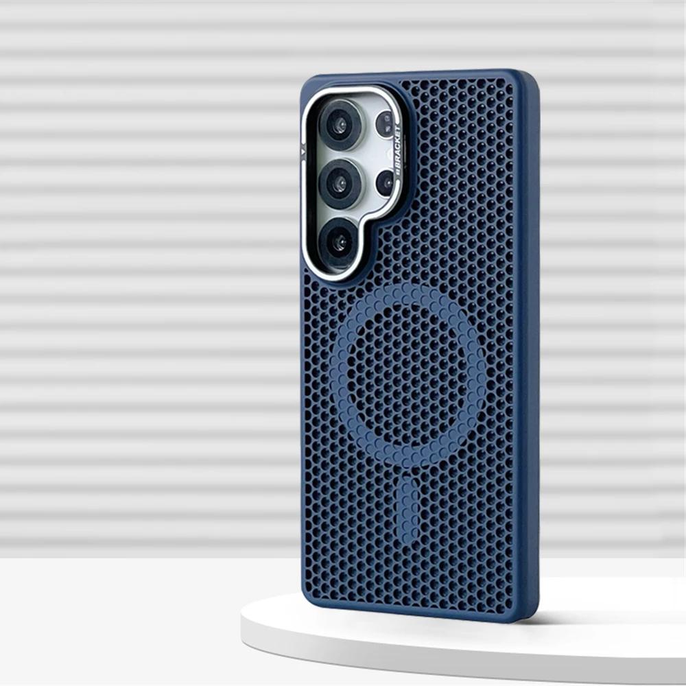 Coque Magnétique Bumper Refroidissante en Maille Nid d'Abeille pour Samsung Galaxy S2 Ultra S24 S23 Plus Support d'Objectif en Alliage Couvercle de Chargement Sans Fil