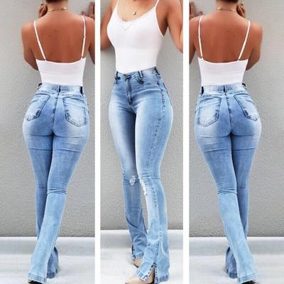 Jeans nuovi moda elasticizzati a zampa a vita alta con spacco per donna per primavera/autunno
