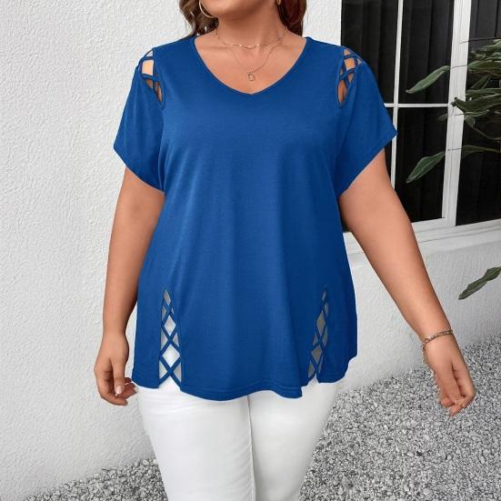 Women Summer T-shirt V-Neck Short Sleeve Solid Color Loose Fit Casual Tops with Hollow Cross-Band Design