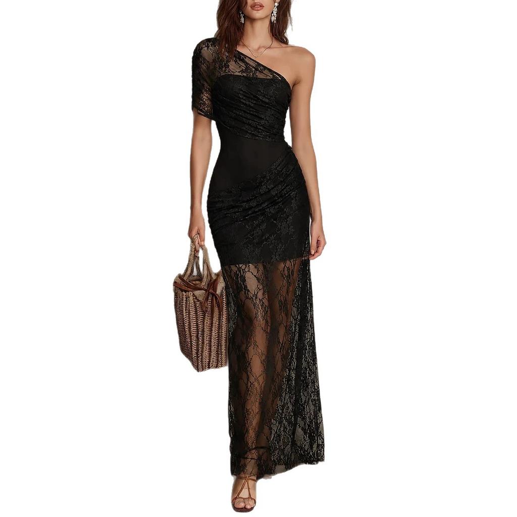 European and American new products spring and summer sexy slim lace see-through lining off-the-shoulder holiday dress