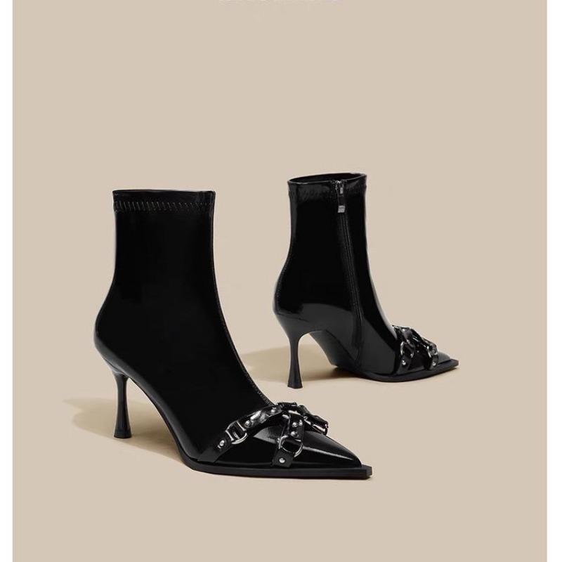 2025 New Woman Ankle Boot Pointed Toe High-heel Metal Stiletto Heels Leather Fashion Side Zipper Elegant Short Boot Women Shoes