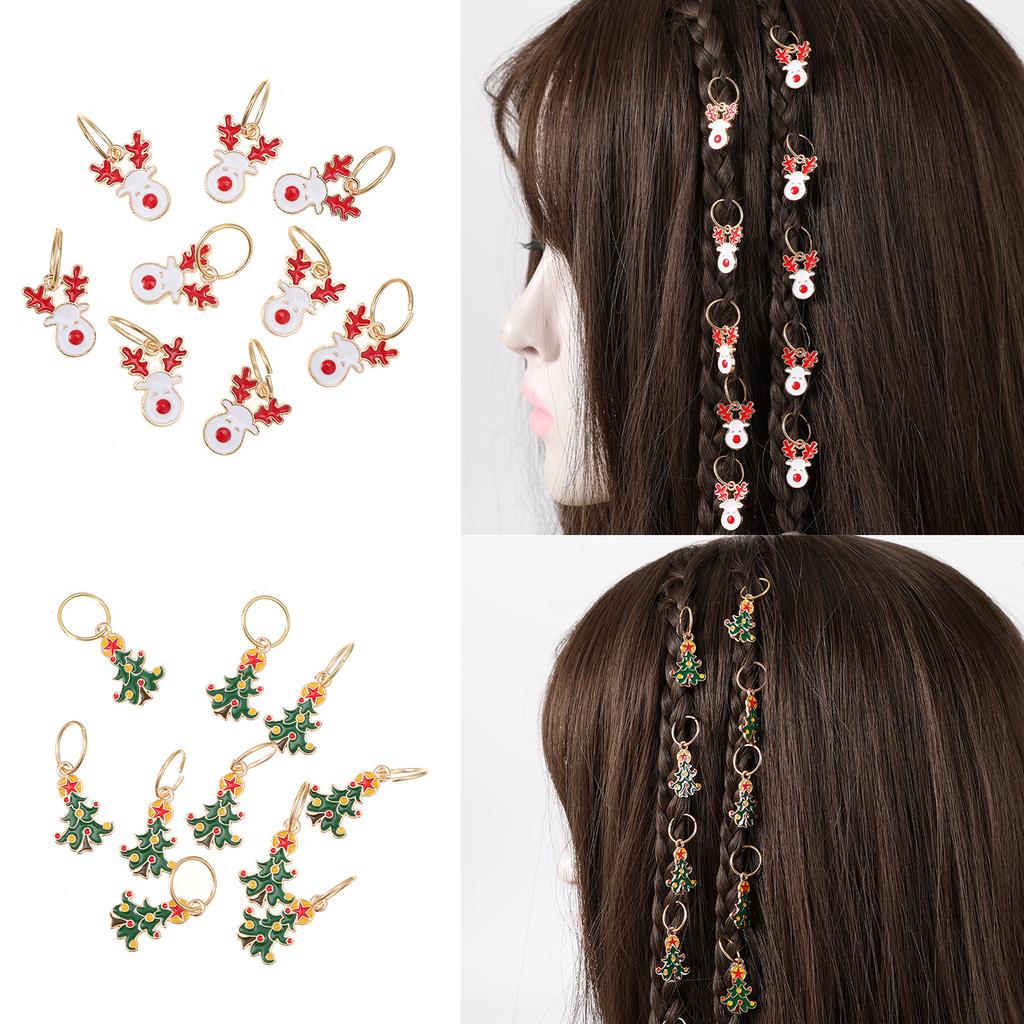 Stilvolles Weihnachts-Themen-Set aus 10 Santa Weihnachtsbäumchen Elch Dreads Haarringen Einzigartige Haarmanschetten Weihnachtsschmuck