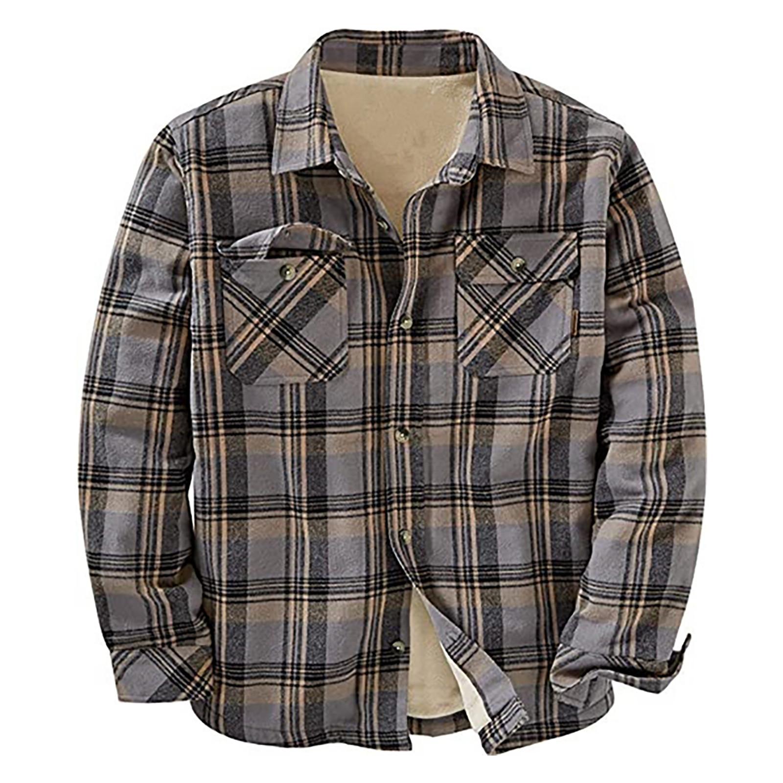 

Мужская клетчатая рубашка на стеганой подкладке на пуговицах с бархатной теплой курткой с капюшоном XL кофейный
