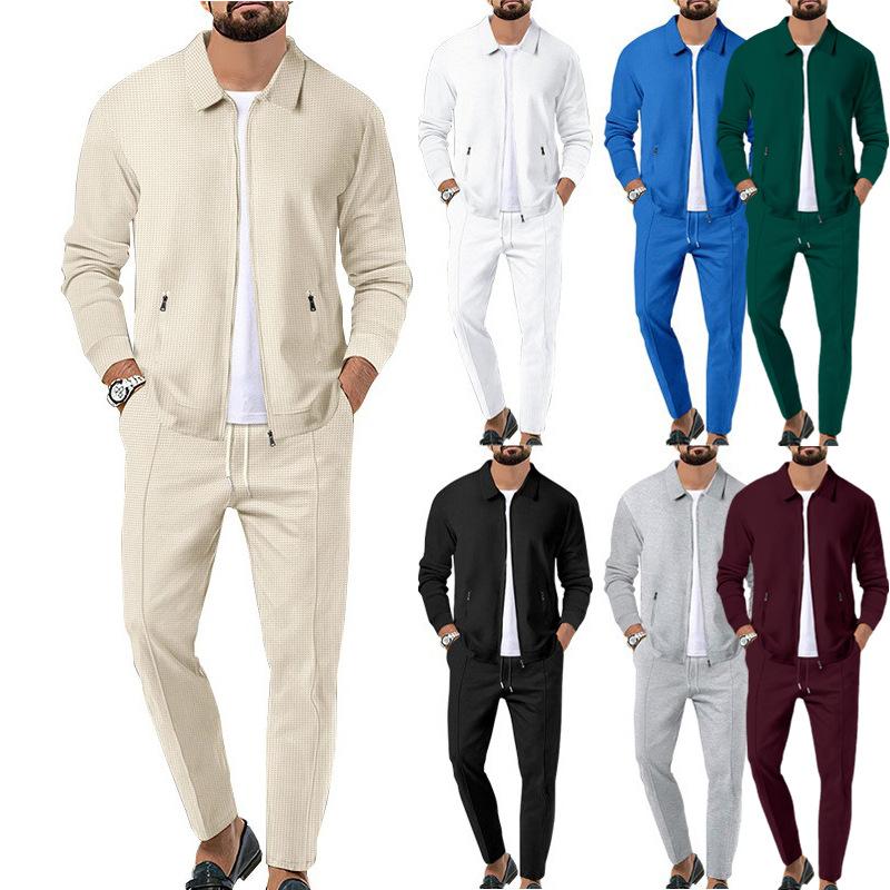 Herren Casual Blazer Set Mode Waffel Baseballanzug Rundhals Tasche Reißverschluss Langarm Hose Zweiteiliges Set